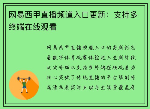 网易西甲直播频道入口更新：支持多终端在线观看