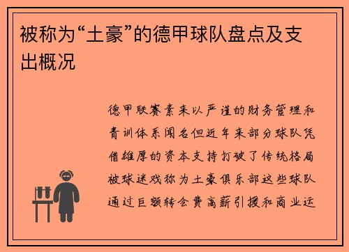 被称为“土豪”的德甲球队盘点及支出概况